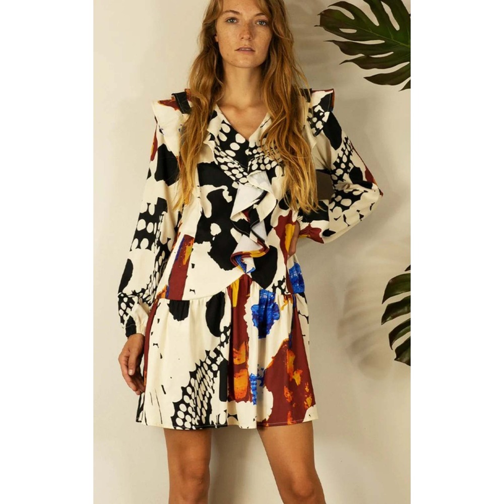 Mulla Long Sleeve Ruffle Mini Dress w/Multicolor Abstract Paint Splatter